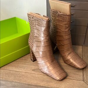 Brown Crocodile-Embossed Ankle Boots
